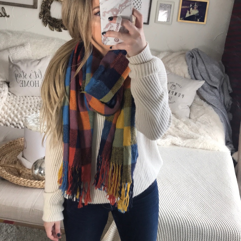 Orange yellow blue plaid scarf with fringe